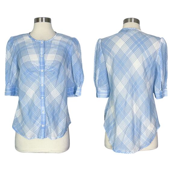 Veronica Beard | Plaid Print Blue White Semi Sheer Short Sleeve Button Blouse M - Picture 1 of 11